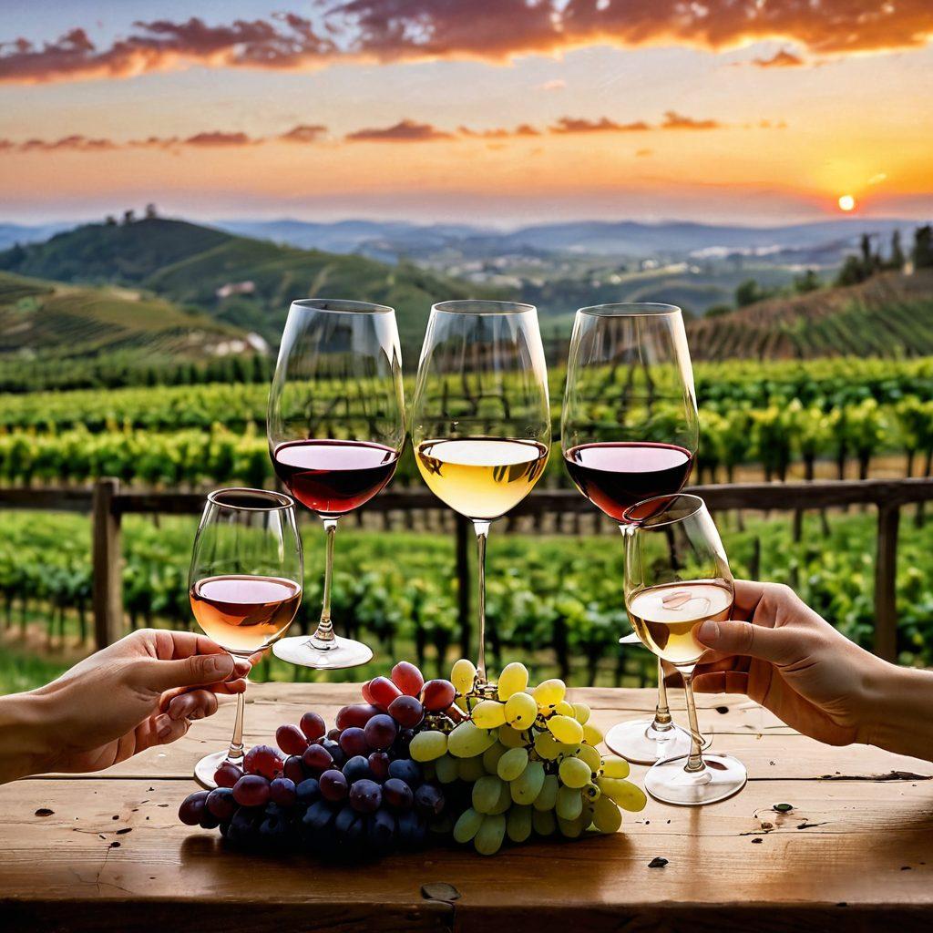 A picturesque vineyard at sunset, showcasing rows of grapevines laden with ripe grapes. In the foreground, a wooden table adorned with a variety of wine glasses filled with red, white, and sparkling wines, reflecting golden light. Soft, swirling clouds in the sky and gentle hills in the background add to the serene atmosphere. Cheerful friends clink their glasses in a toast, celebrating happiness. warm colors, ultra-realistic, soft focus.