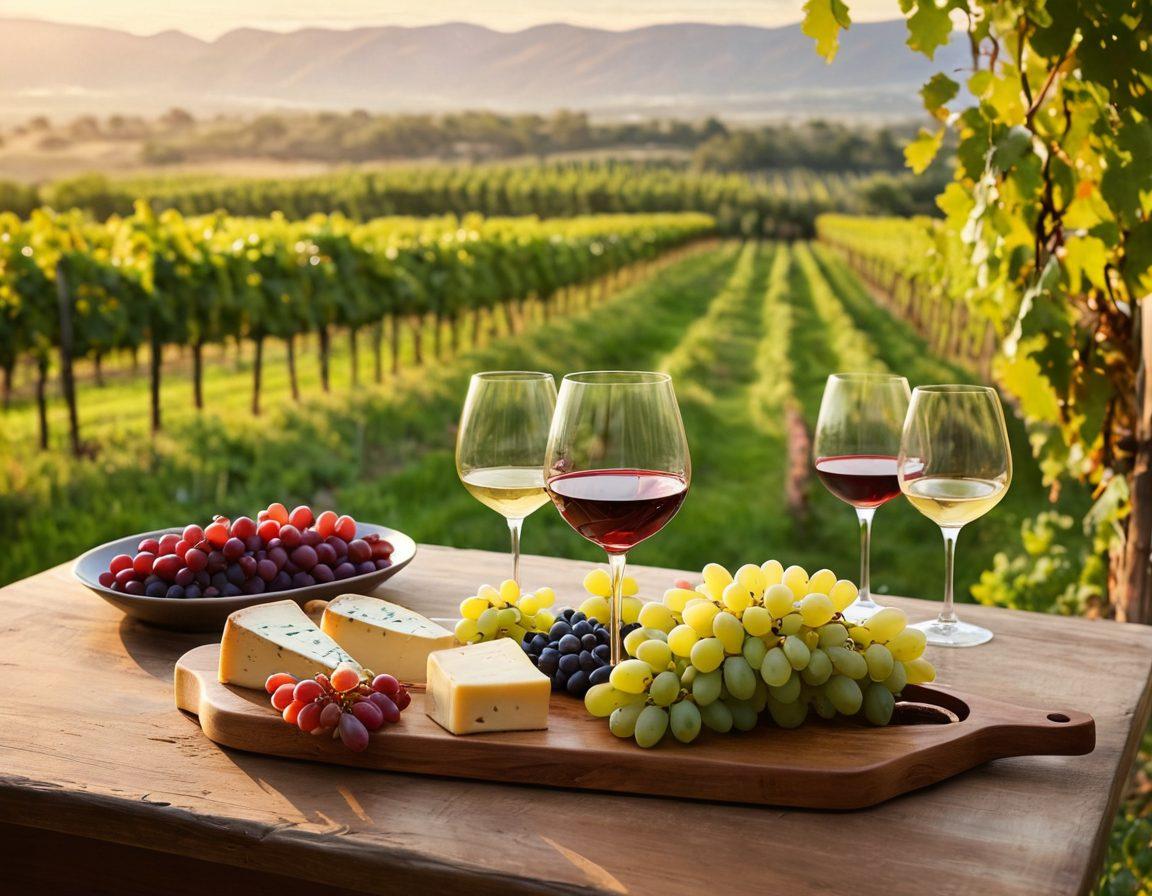 A serene vineyard landscape at sunset, with lush grapevines stretching into the distance, glistening grapes ready for harvest. A beautifully arranged wine tasting table featuring elegant glasses, a bottle of red and white wine, and cheese platters. Subtle hints of a corkscrew and a sommelier’s notebook open beside the glasses. Warm, inviting colors that evoke a feeling of tranquility and indulgence. painterly style. vibrant colors. light brush strokes.