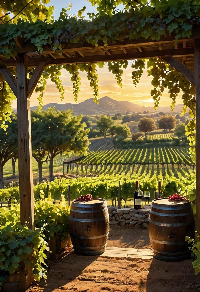 A serene vineyard landscape at sunset, with rows of grapevines and a sun-drenched sky, a couple joyfully tasting wine under a shaded arbor, surrounded by lush greenery and rustic wooden barrels. Emphasize the rich colors and textures of the grapes and glasses, capturing the essence of relaxation and celebration. super-realistic. vibrant colors. warm tones.
